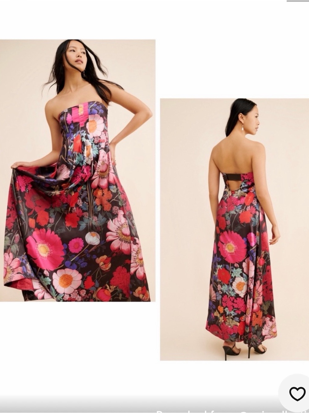 Free People- Strapless Floral Satin Maxi Dress - Black & Pink